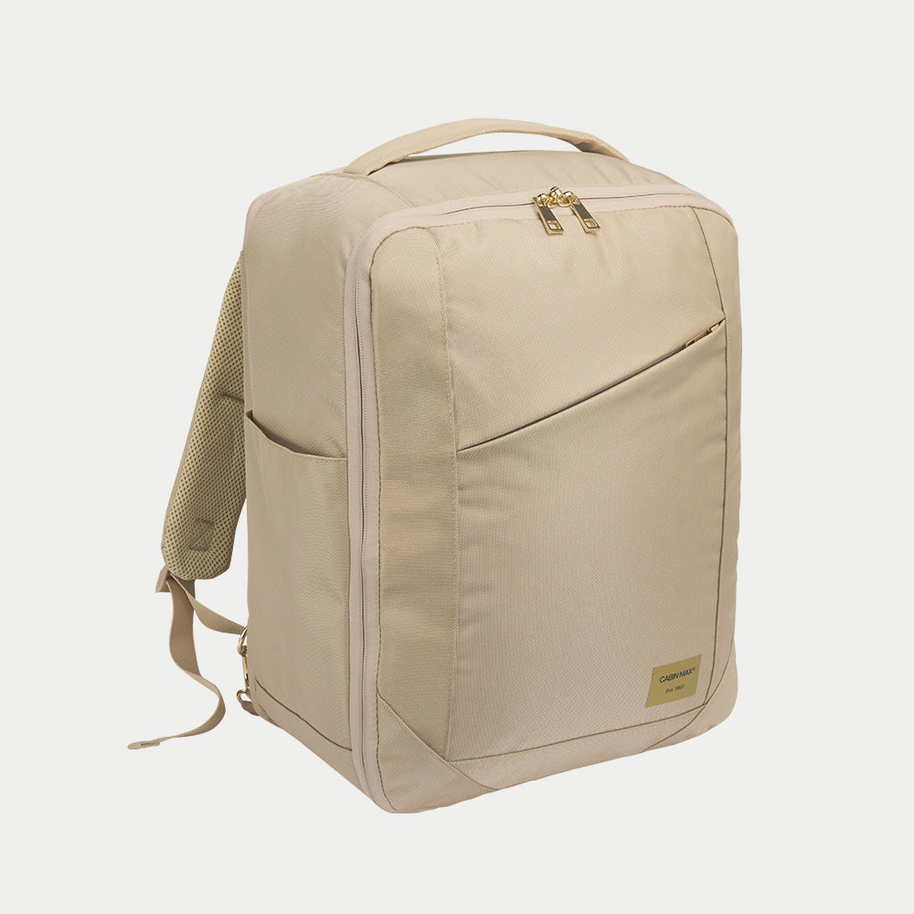 Category-reference cabin backpack. Interim visual — not a finished SizerSafe brand photograph.